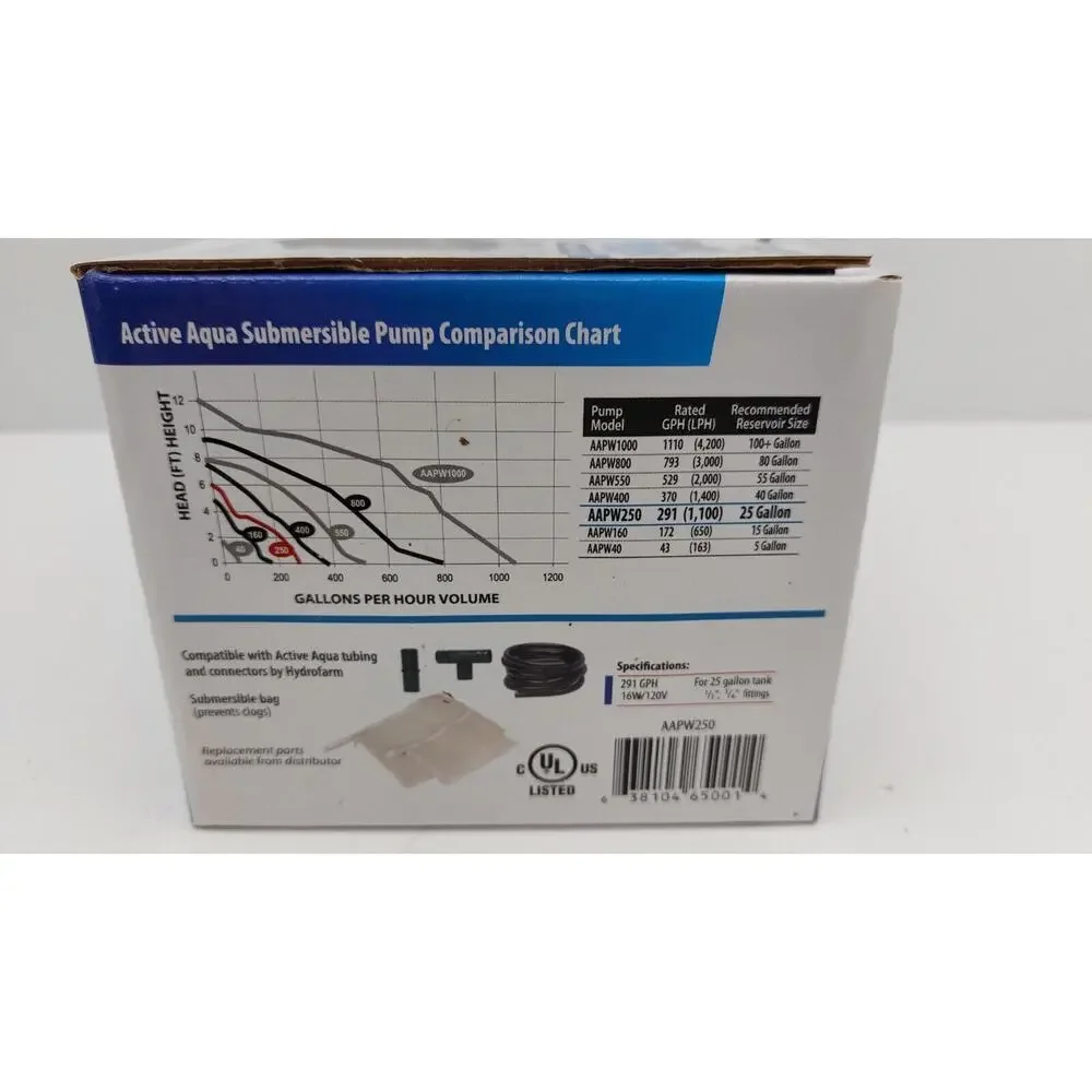 Active Aqua 250 GPH Submersible Water Pump Hydroponics Aquarium Fountain Pond